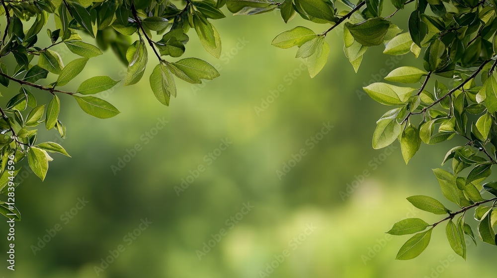 Fresh Green Leaves Framing a Soft Blurred Nature Background Fresh Green Leaves Framing a Soft Blurred Nature Background