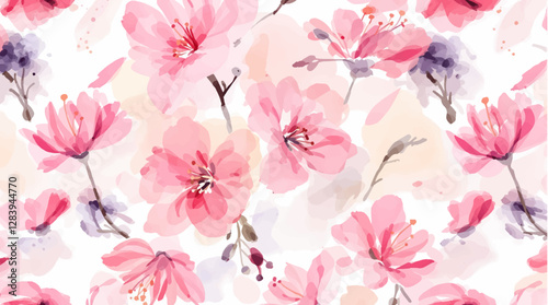 Watercolor pink Flowers and branches seamless pattern.