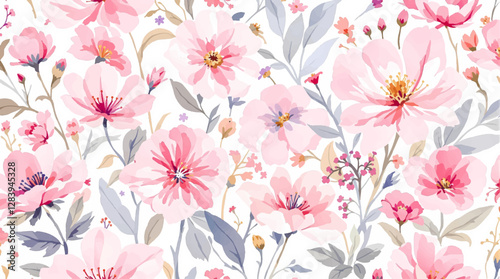Delicate pink watercolor flowers on a light background. Pattern roses.