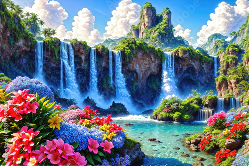 Paradise landscape with beautiful  gardens, waterfalls and flowers, magical idyllic heavenly view with beautiful fantastic flowers in Eden.