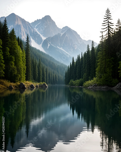 A serene mountain lake surrounded by evergreen trees, with its reflection shimmering in the still water. the sky is clear and bright, with no clouds visible. the mountains are tall and imposing, with 