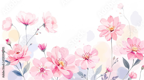 Watercolor pink Flowers and branches seamless pattern.