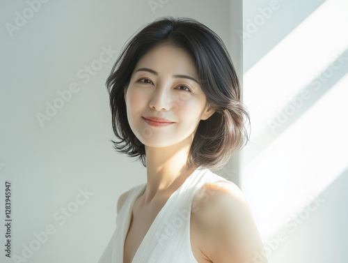 上品な雰囲気の白いワンピースを着た40代女性のポートレート