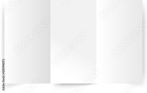Vector white blank three rectangular panel accordion fold opened on white background. Concertina fold, leaflet, brochure, booklet, flyer or invitation card mockup. Vector design element. EPS10.	