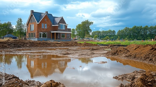 Newly built house reflected in muddy puddle on construction site.