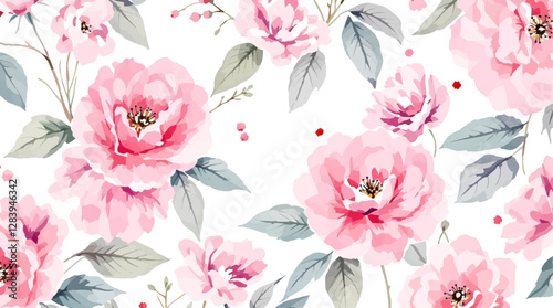 Delicate pink watercolor flowers pions on a light background. Pattern roses.