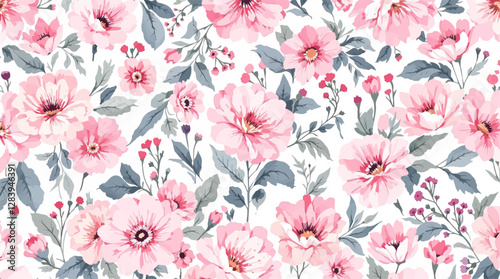 Seamless pattern with Pink flowers painted in watercolor style on a white background, elegant floral design	