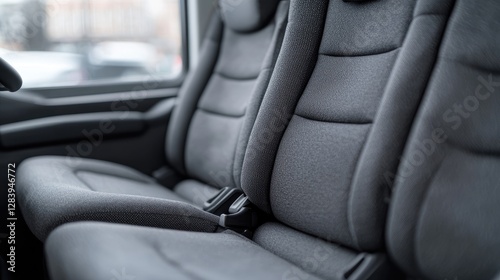 Gray van seats, interior view, city background, transport, business