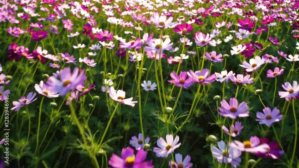 A lush meadow covered in blooming pink and purple wildflowers, bathed in warm golden sunlight, creating a peaceful and colorful springtime atmosphere A lush meadow covered in blooming pink and purple wildflowers, bathed in warm golden sunlight, creating a peaceful and colorful springtime atmosphere