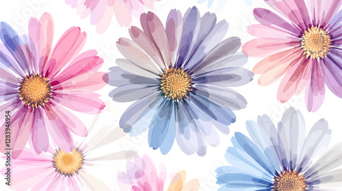 Watercolor white daisies with a yellow center on a white background. Background, pattern