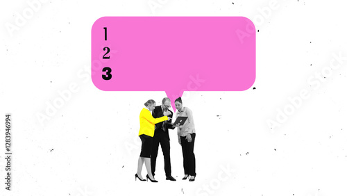 Composite image. Three business professionals gathered around laptop with large pink speech bubble displaying numbered list. Concept of business planning, collaborative decision-making, strategy. photo