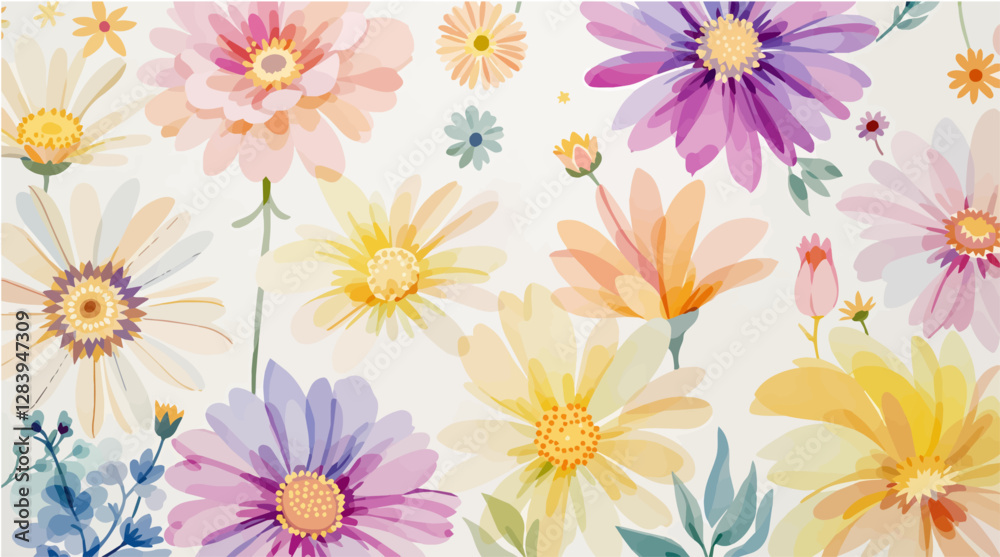 Watercolor white daisies with a yellow center on a white background. Background, pattern Watercolor white daisies with a yellow center on a white background. Background, pattern