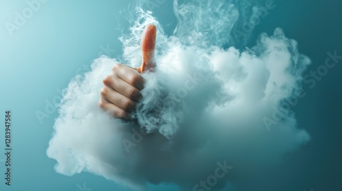 Hand Giving Thumbs Up Gesture Emerging from White Smoky Cloud