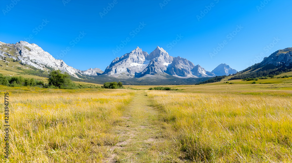 Mountain meadow path, clear sky, summer