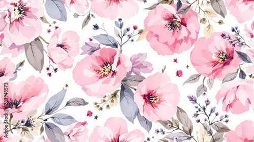 Seamless pattern with Pink flowers painted in watercolor style on a white background, elegant floral design	