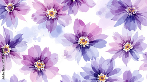 Watercolor pattern with different purple flowers on a white background. Watercolor delicate floral pattern.