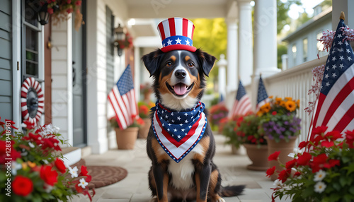 Patriotic Pup Posing on Porch: Fourth of July Dog in Uncle Sam Hat
