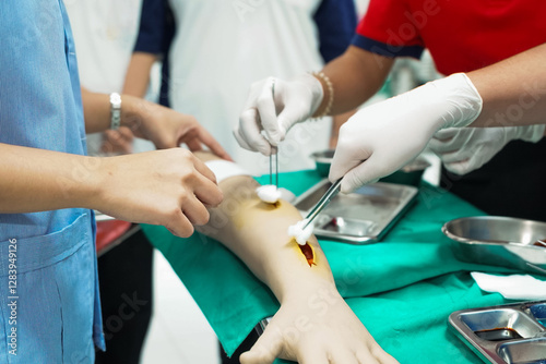 Nursing Students Practicing Surgical Suturing.
