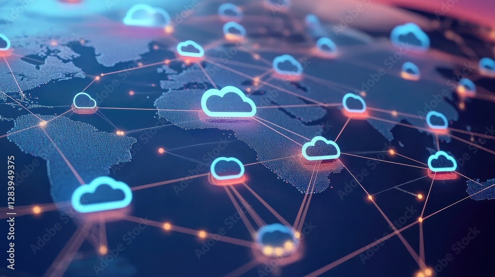 A D rendering of interconnected cloud icons over a world map, illustrating global cloud networking. A D rendering of interconnected cloud icons over a world map, illustrating global cloud networking.
