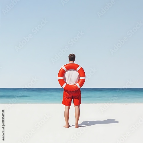 Young Lifeguard Holding Life Ring by Ocean Preparing for Swimmers on a Bright Sunny Day at a Beach