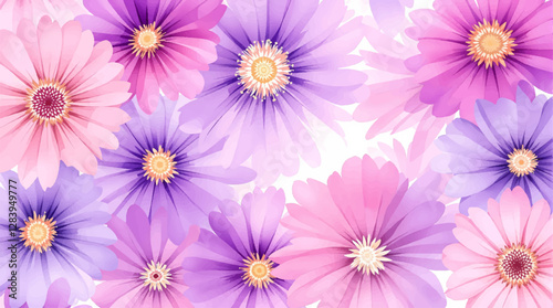 Watercolor pattern with different purple flowers on a white background. Watercolor delicate floral pattern.