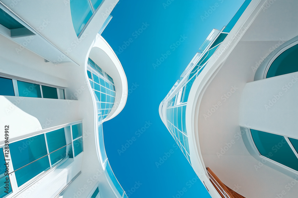 Obraz premium Architectural symmetry against a vivid blue sky.