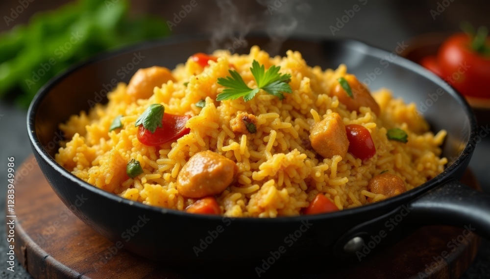 Steamy pan of basmati rice with chicken and vegetables in a flavorful sauce , aromatics, indian food Steamy pan of basmati rice with chicken and vegetables in a flavorful sauce , aromatics, indian food