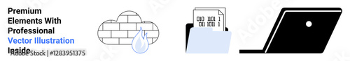 Cloud with a firewall and droplet, data folder with documents, and a laptop showcasing digital systems. Ideal for data protection, tech innovation, cyber safety, office tools, IT concepts, cloud