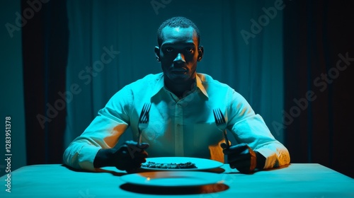 A man with a napkin tucked in his collar sits at a table, holding a knife and fork, ready to eat.  