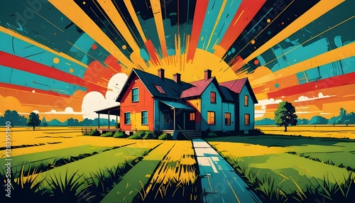 landscape with houses and trees. Pop art