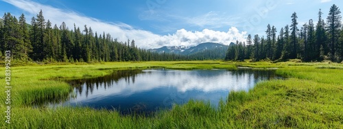 Serene Landscape of Tranquil Lake and Lush Forests ,holiday summer 2025 Concept