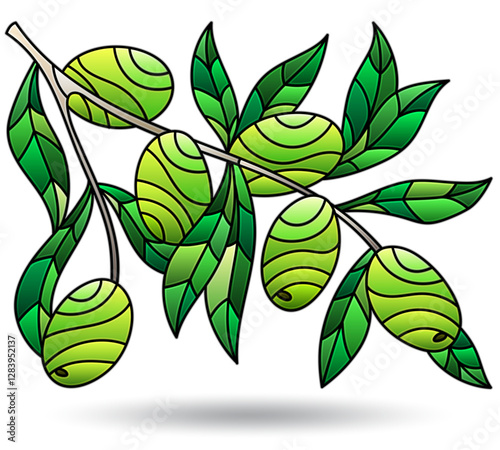 Stained glass illustration with olive branch, plant isolated on a white background