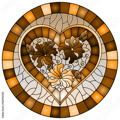 Illustration in stained glass style with bright  pink heart and flowers, oval image in  frame, tone brown