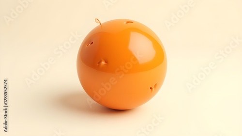 A highly reflective, glossy, and vibrant orange sphere with subtle shading, set against a soft, creamy white background, taking up most of the frame, with a slight shadow at the bottom, creating a sen