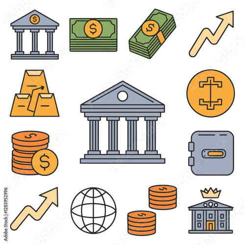vector colorful economy trading graph cash money linked with curved dash line over the world bank