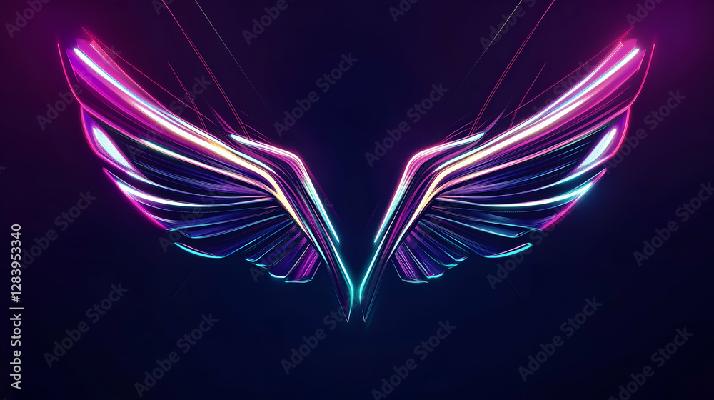 Fototapeta premium A stylized wing logo with a futuristic, neon-lit design and a dynamic, swoosh shape