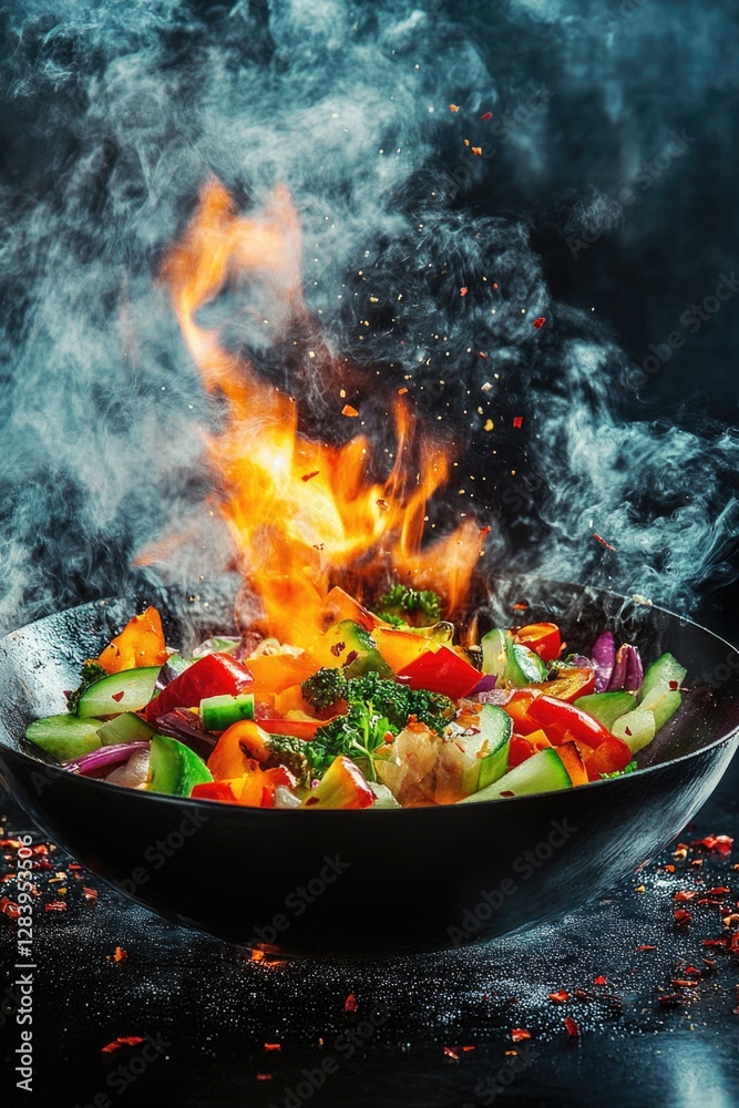 Chef Expertly Stir-fries Vibrant Vegetables in Flaming Wok, Culinary Skills and the Art of Cooking in Professional Kitchen Setting, Emphasizing Fresh Ingredients and Dynamic Cooking Techniques. Chef Expertly Stir-fries Vibrant Vegetables in Flaming Wok, Culinary Skills and the Art of Cooking in Professional Kitchen Setting, Emphasizing Fresh Ingredients and Dynamic Cooking Techniques.