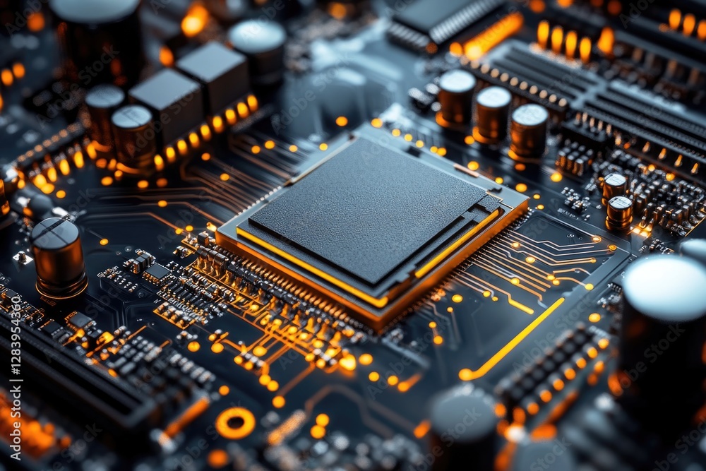 A close-up view of a computer circuit board featuring a central processing unit (CPU) surrounded by various electronic components and intricate wiring. A close-up view of a computer circuit board featuring a central processing unit (CPU) surrounded by various electronic components and intricate wiring.