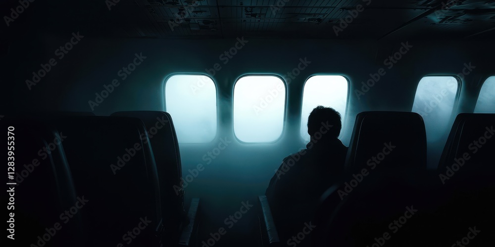 Man is sitting in a plane with the windows fogged up Man is sitting in a plane with the windows fogged up