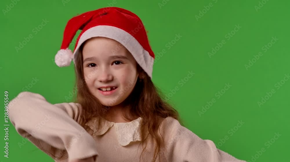 Little girl child in santa hat dancing singing at camera, positive expression, isolated on chroma key green screen studio background mockup. Little girl child in santa hat dancing singing at camera, positive expression, isolated on chroma key green screen studio background mockup.