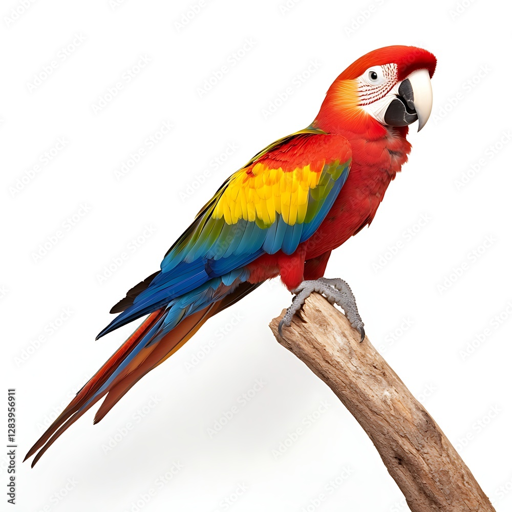 Fototapeta premium Vibrant Scarlet Macaw Perched on a Branch Showcasing Bright Red, Yellow, Blue, and Green Feathers in Nature