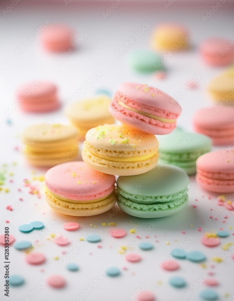 Fototapeta premium A close up of a pile of macarons with confetti sprinkles