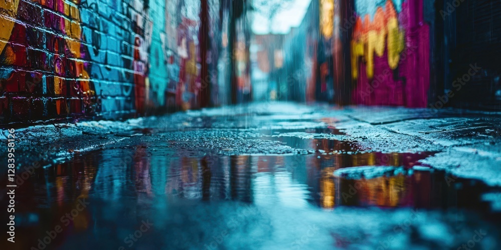 Street with graffiti on the wall and a puddle of water on the ground Street with graffiti on the wall and a puddle of water on the ground