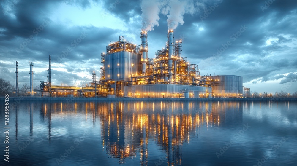 Night view of an industrial refinery reflected in calm water. Night view of an industrial refinery reflected in calm water.