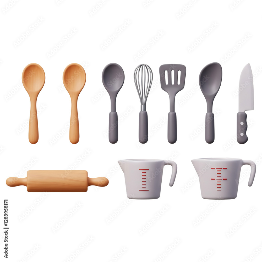 Assortment of Kitchen Utensils on Black Background Featuring Spoons Whisk Spatula Knife and Cups Assortment of Kitchen Utensils on Black Background Featuring Spoons Whisk Spatula Knife and Cups