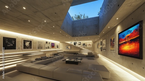 Modern concrete art gallery interior, evening light, skylight, open space photo