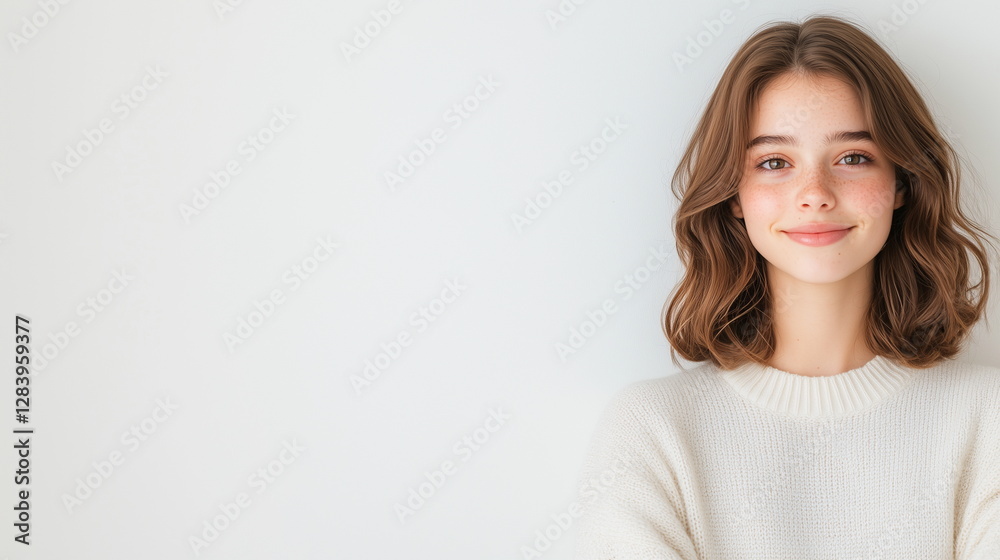 Portrait of European woman with a warm smile, and natural makeup, against a plane background. The minimal composition creates a fresh, modern, and professional aesthetic, perfect for business. Portrait of European woman with a warm smile, and natural makeup, against a plane background. The minimal composition creates a fresh, modern, and professional aesthetic, perfect for business.
