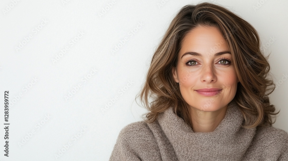 Portrait of European woman with a warm smile, and natural makeup, against a plane background. The minimal composition creates a fresh, modern, and professional aesthetic, perfect for business. Portrait of European woman with a warm smile, and natural makeup, against a plane background. The minimal composition creates a fresh, modern, and professional aesthetic, perfect for business.
