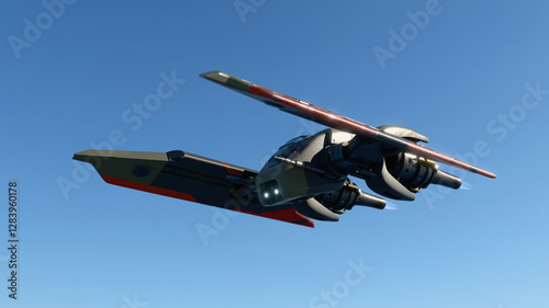 Concept art of single-pilot sci-fi military assault fighter spaceship, gunship with scratched metal gray green orange color paint, turbines, guns, flying on a mission high in the blue sky. 3d render.