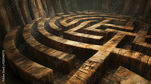 Warped wooden maze: a large, twisting wooden maze with unnatural growths and warped pathways, eerie whispers emanating from within its depths. Ancient Forgotten Labyrinth. Illustration